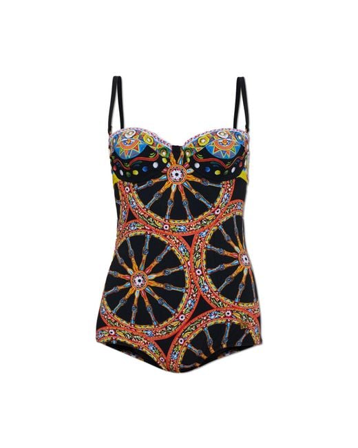 Dolce & Gabbana Black One-Piece Swimsuit With "Carretto" Print