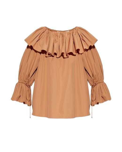 Chloé Brown Loose-Fit Top With Ruffle