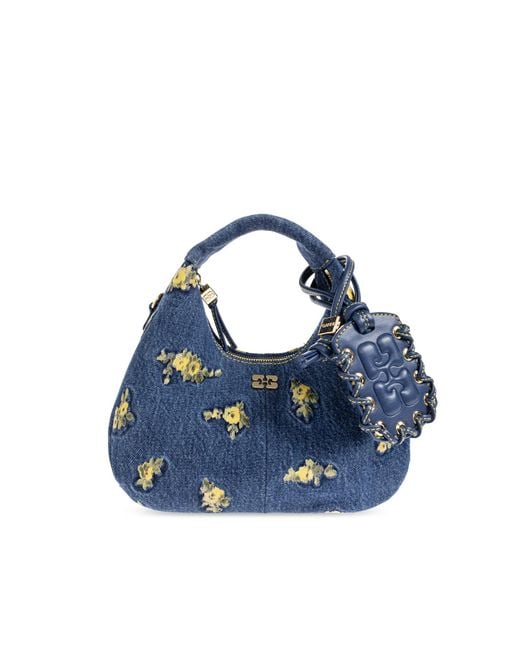 Ganni Blue Denim Bag With Floral Motif