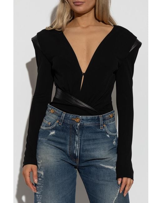 Versace Black Bodysuit With Leather Inserts