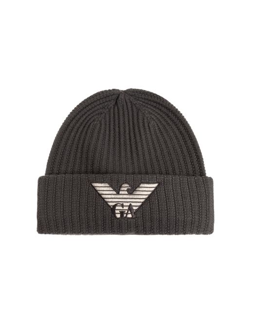 Emporio Armani Black Wool Beanie With Embroidered Logo for men