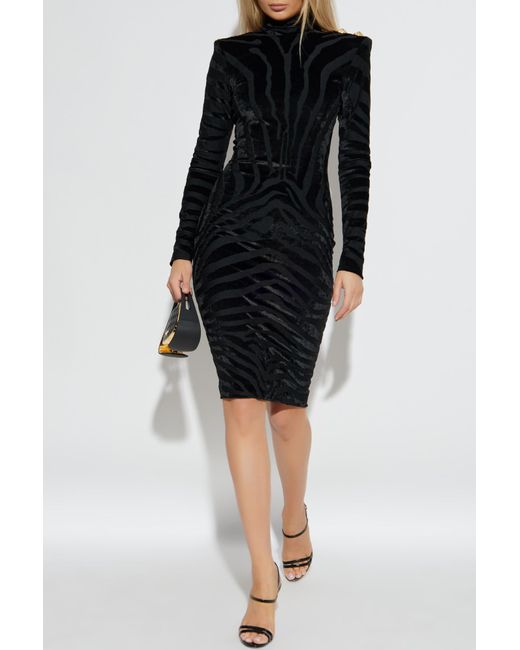 Balmain Black Dress With A Patterned Velvet Finish