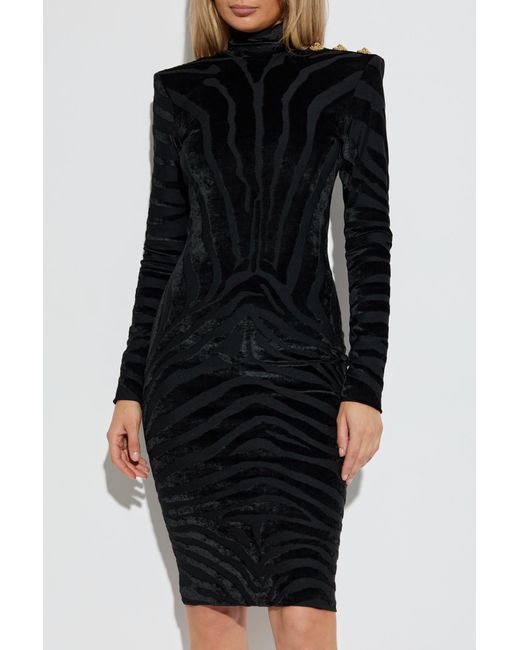 Balmain Black Dress With A Patterned Velvet Finish