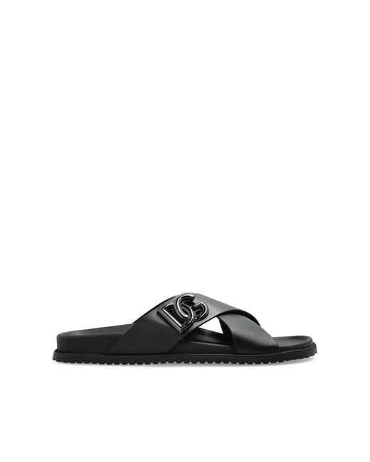 Dolce & Gabbana Black Leather Slides With Logo-Shaped Appliqué for men
