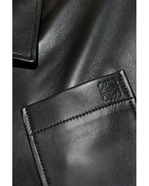 Loewe Black Leather Jacket With Embossed Logo On The Pocket for men