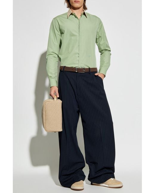 Fendi Blue Cotton Shirt With Embroidered Logo for men