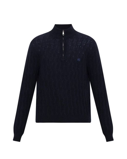 Etro Blue Cashmere Sweater With Embroidered Logo for men