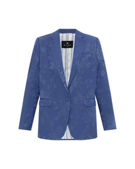 Etro Blue Satin Blazer With Floral Pattern