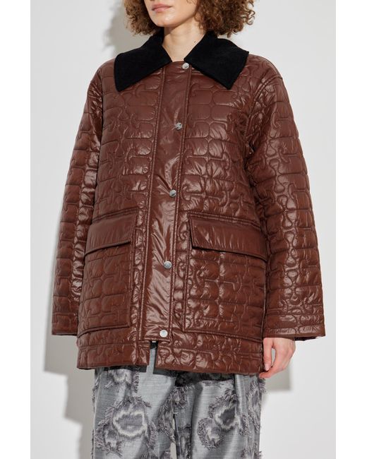 Ganni Brown Quilted Jacket With Corduroy Collar