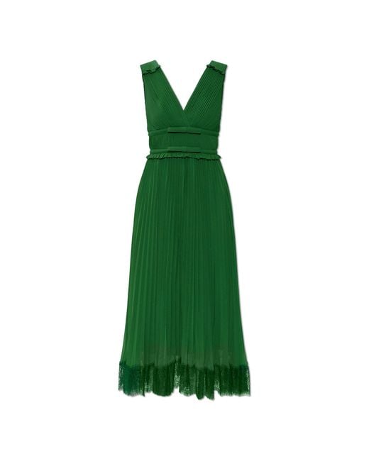 Self-Portrait Green Pleated Dress With Lace Trim
