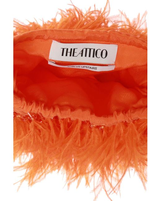 The Attico Beaded Ostrich Feather Satin Clutch Bag in Red