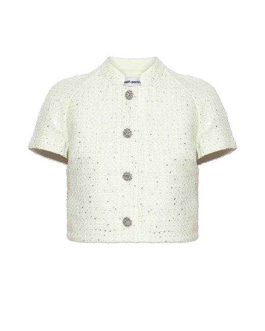 Self-Portrait White Tweed Cardigan With Shimmering Sequins