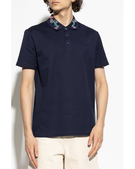 Versace Blue Polo With Colorful Embroidery On The Collar for men