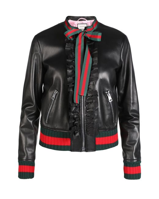 Gucci Black Ruffle Leather Bomber Jacket