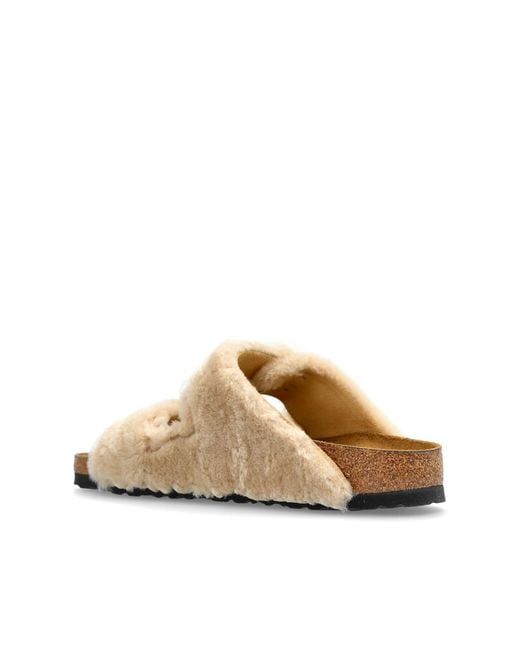 Birkenstock White Arizona Shearling Rivet Logo Slides