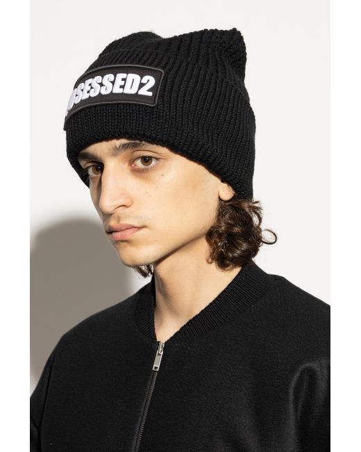 DSquared² Black Wool Beanie With Logo for men