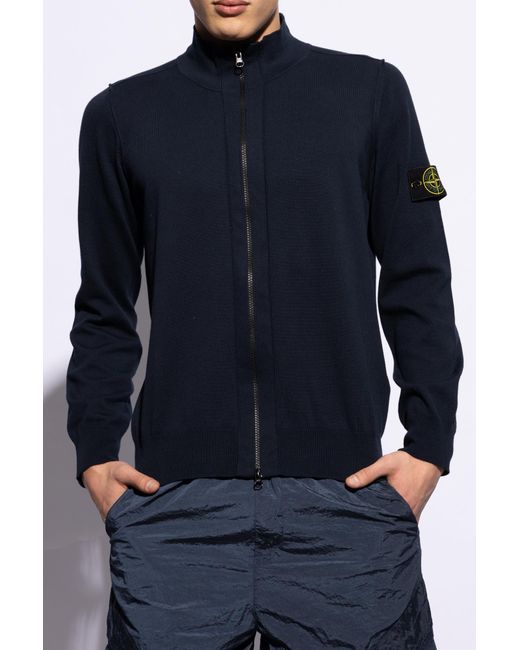 Stone Island Blue Cardigan With Stand-up Collar, for men