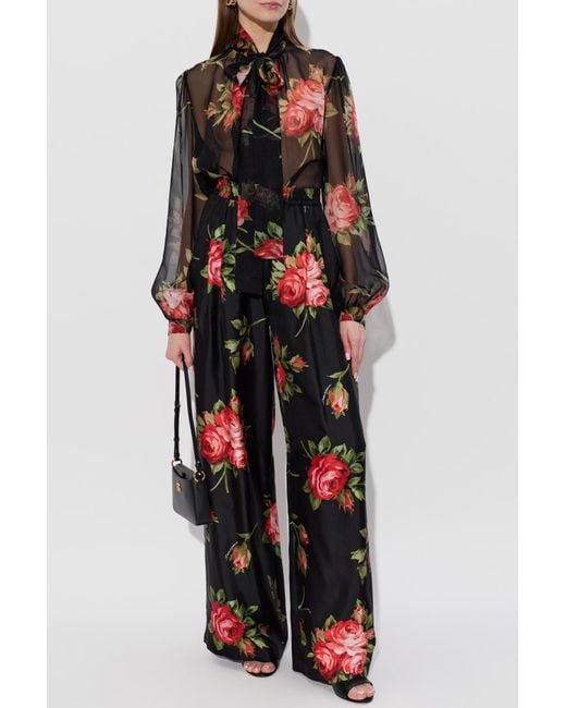 Dolce & Gabbana Black Silk Trousers With Floral Motif