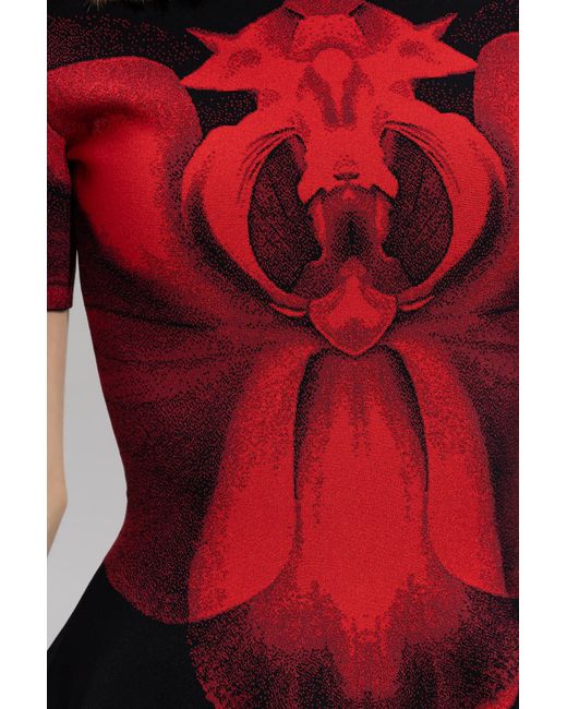 Alexander McQueen Orchid-print Flared-hem Knitted Midi Dress