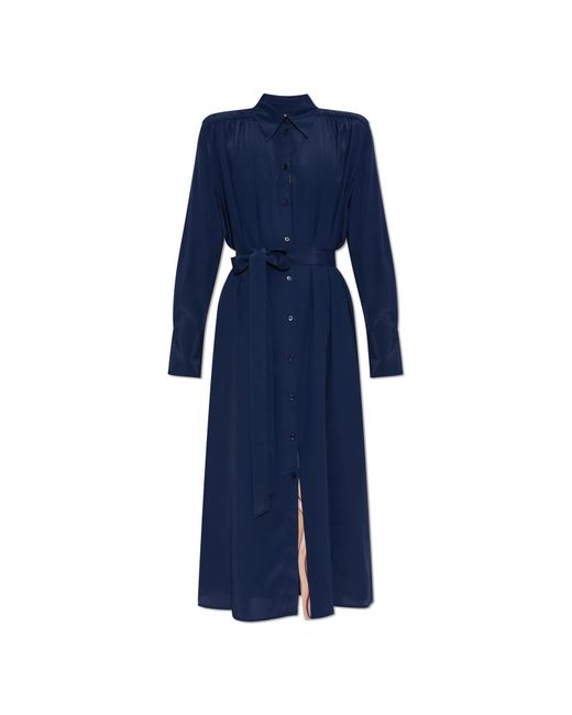 Paul Smith Blue Silk Dress With A Waist Belt