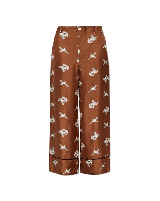 Marni Brown Silk Pants With Print