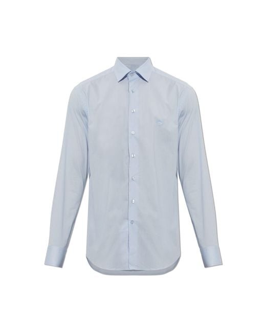 Etro Blue Cotton Shirt With Embroidered Logo for men