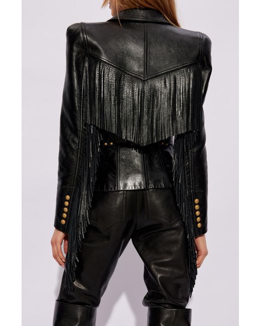 Balmain Black Leather Jacket With Fringes,