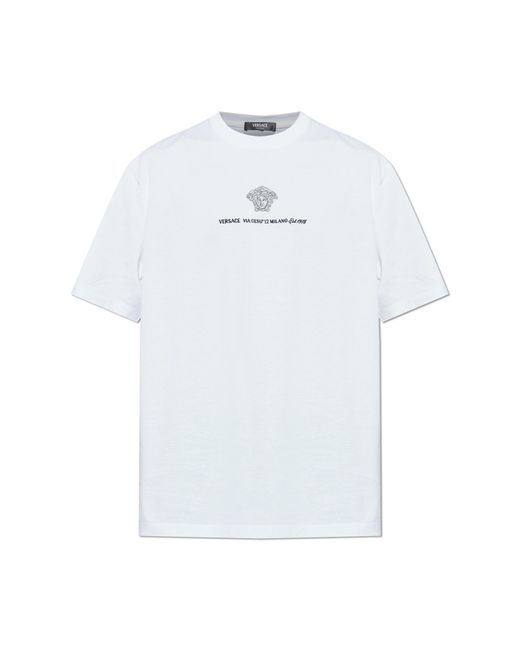 Versace White T-Shirt With Embroidered Logo for men