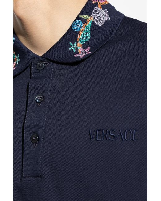 Versace Blue Polo With Colorful Embroidery On The Collar for men