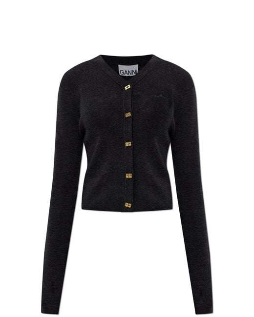 Ganni Black Wool Cardigan With Embroidered Logo