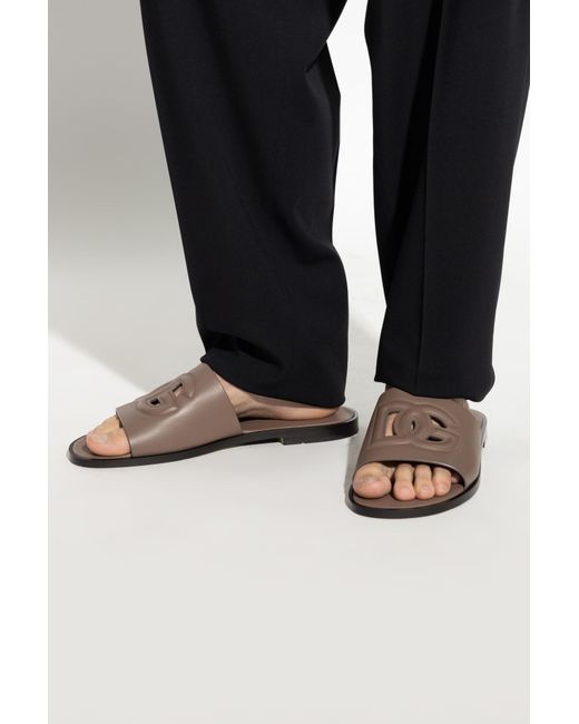 Dolce & Gabbana Brown Leather Slides With Logo for men