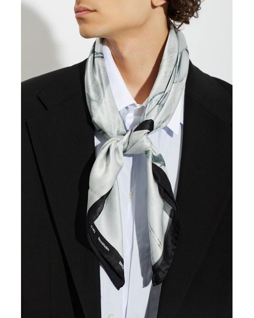 Acne Gray Silk Scarf With Pattern