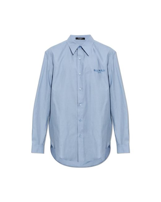 Balmain Blue Shirt With Embroidered Logo for men