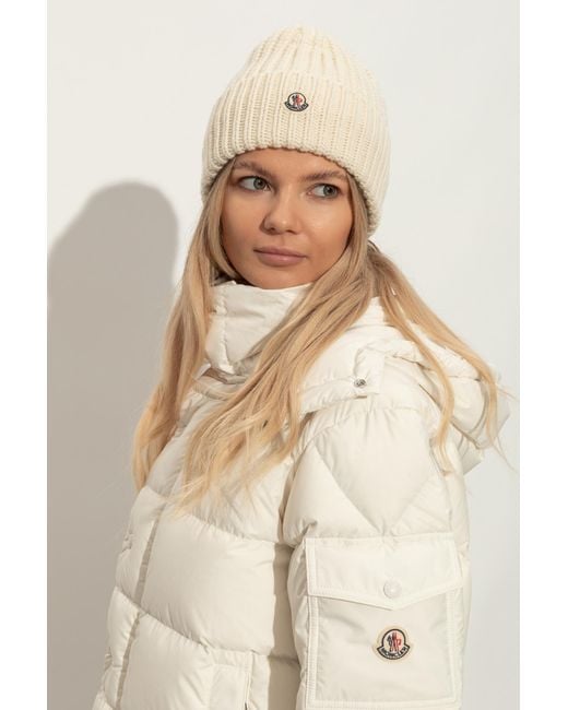 Moncler Natural Wool Beanie With Logo Patch