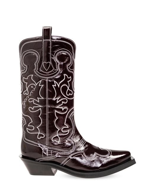 Ganni Black Cowboy Boots With An Embroidered Pattern