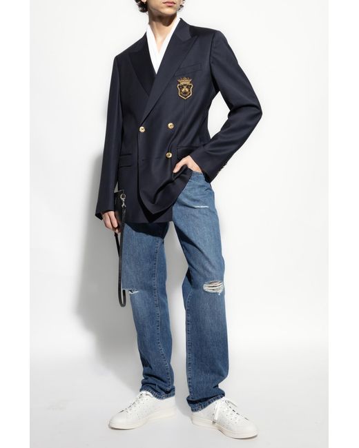 Dolce & Gabbana Blue Wool Blazer With Appliqué for men