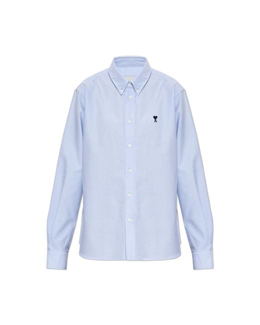 AMI Blue Cotton Shirt With Embroidered Logo