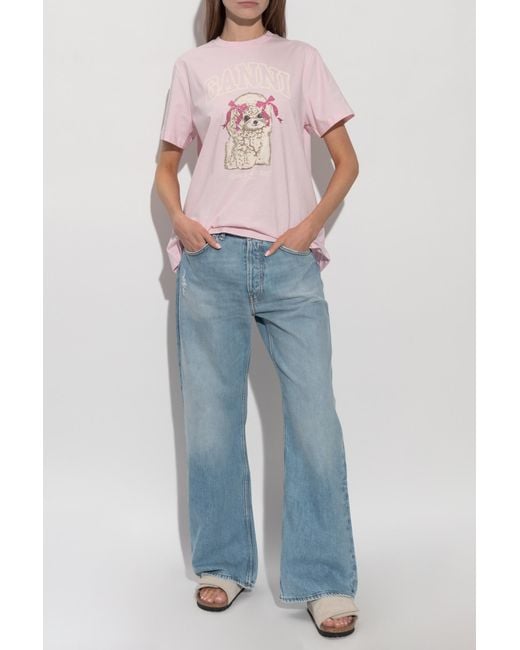 Ganni Pink T-Shirt With Colorful Print