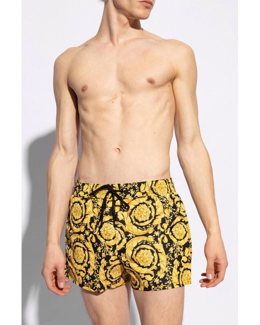 Versace Yellow Barocco-Printed Swim Shorts for men