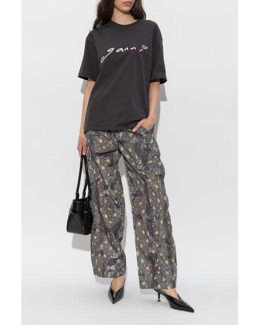 Ganni Black T-Shirt With Embroidered Logo
