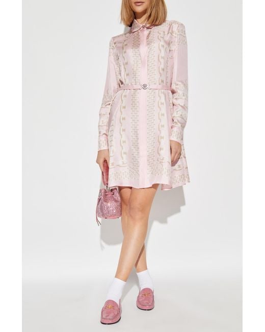Versace Pink Silk Dress With Barocco Chain Pattern