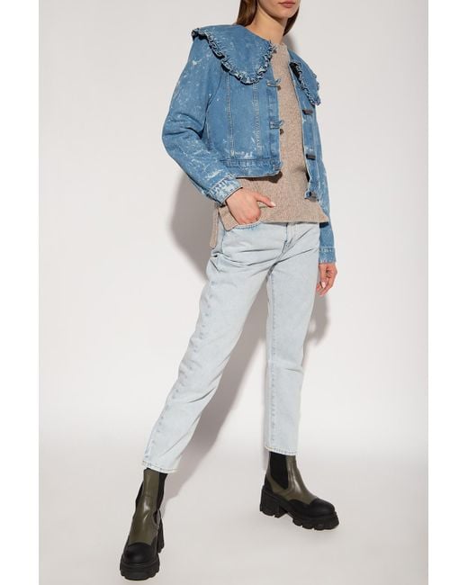 Ganni Blue Denim Jacket With Ruffle Collar