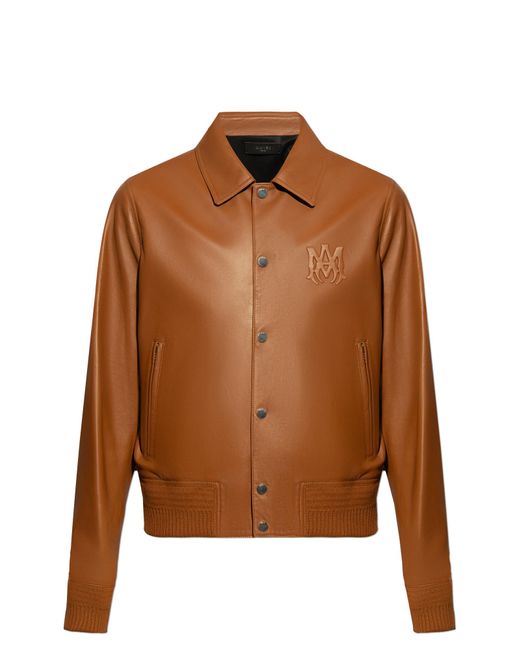 Amiri Brown Leather Jacket With Logo for men