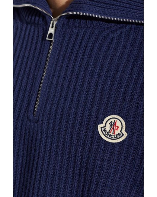 Moncler Blue Wool Turtleneck With Logo Patch for men