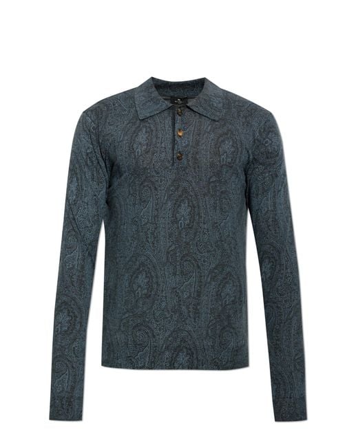 Etro Blue Wool Long-Sleeve Polo for men
