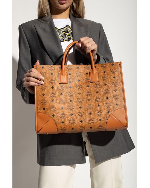 MCM Munchen Monogram Calfskin Leather Tote Shoulder Bag Cognac