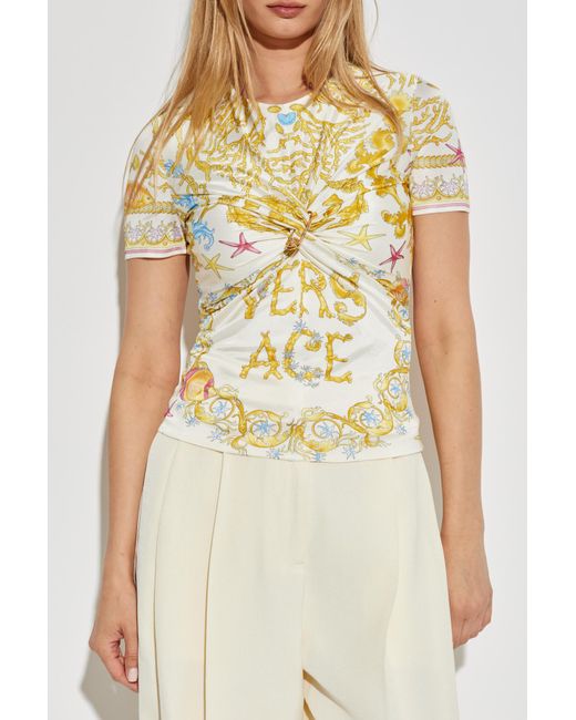 Versace Yellow Top With Decorative Draping And A Safety Pin