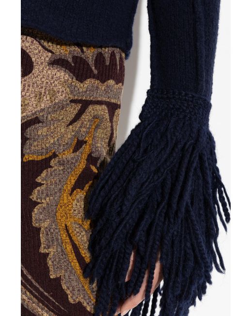 Etro Blue Sweater With Fringes On The Sleeves