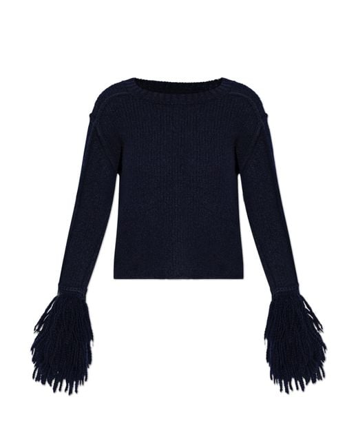 Etro Blue Sweater With Fringes On The Sleeves
