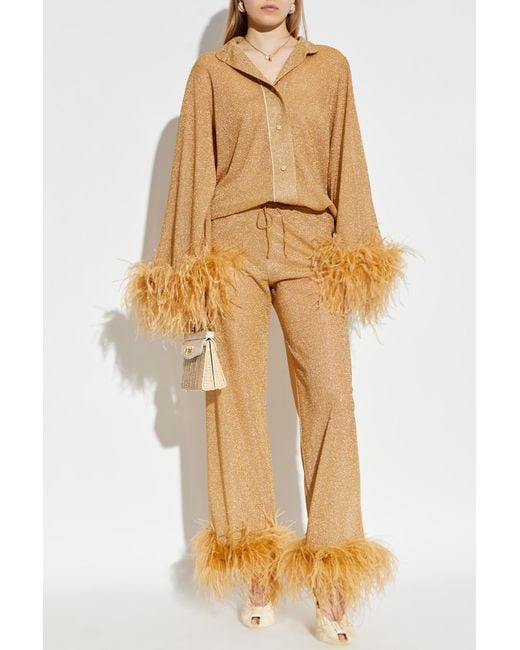 Oseree Natural Trousers With Ostrich Feathers